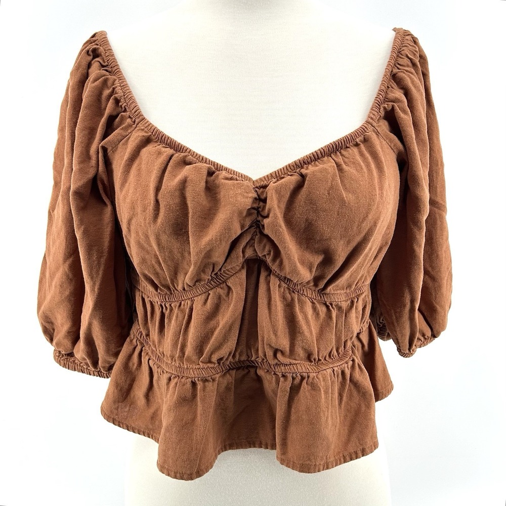 Boho Milkmaid Brown Puff Sleeve Top XL Crop Ruffles Peasant Babydoll CottageCore